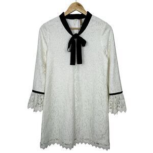 Kan Fei White Black Lace Mini Dress Women Sz M 3/4 Sleeve Fleece Lined Coquette